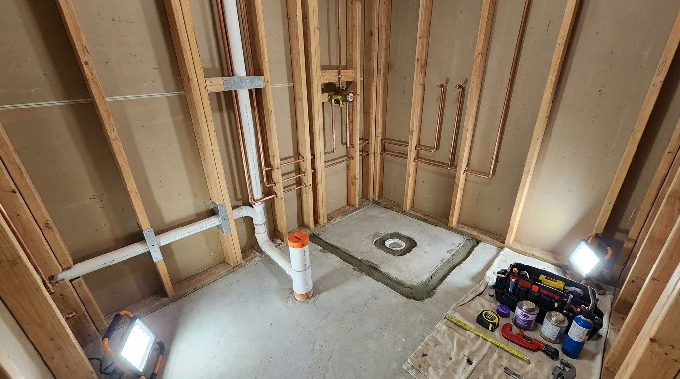 Bathroom rough-in plumbing during remodel by Johns Plumbing LLC in Stuttgart
