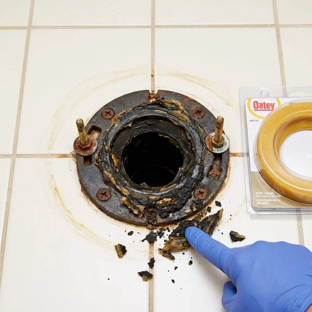 Failed wax ring showing water seepage at the base of a toilet in a Stuttgart, AR home