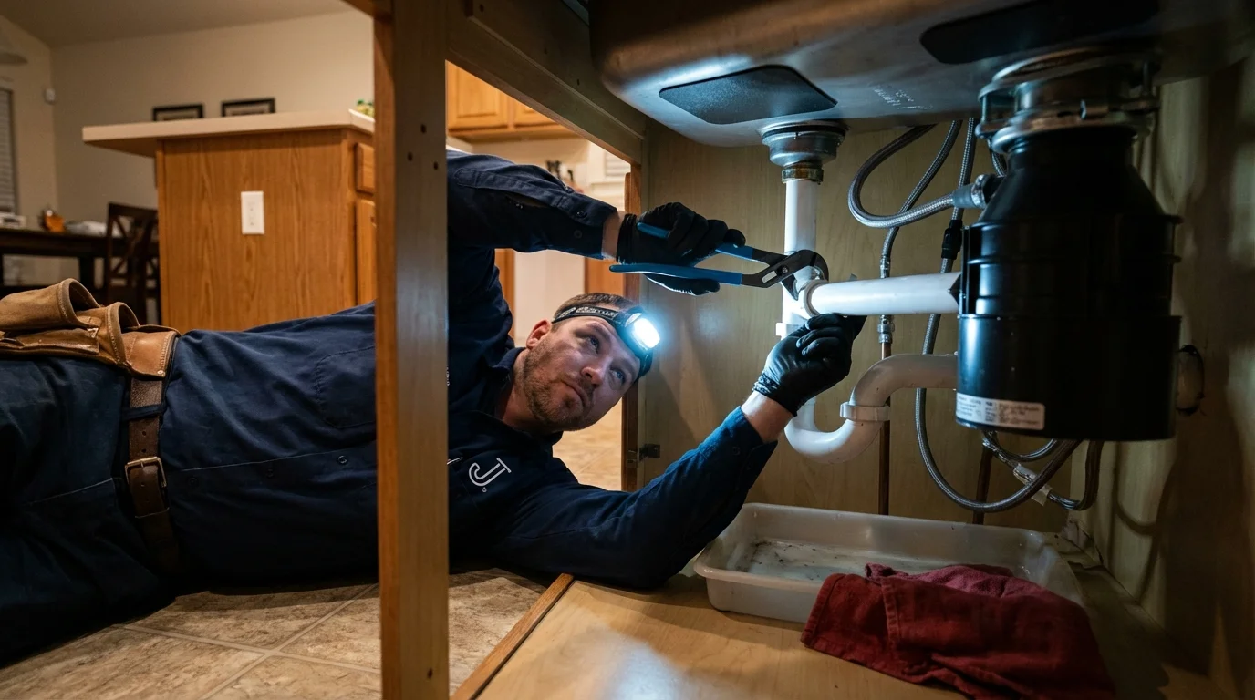 P-trap and supply line connections under a kitchen sink showing a common leak point in Stuttgart, AR